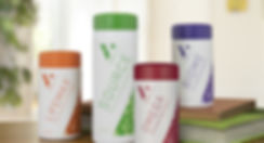 Vier V-Produktbehälter: LifeMax, Source, Omega, Biome