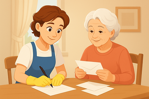 Jungpflegerin hilft Seniorin beim Briefeschreiben