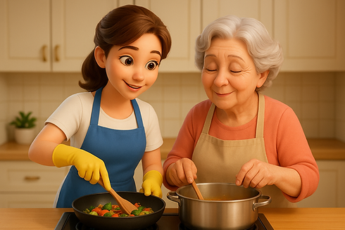 Jungfrau hilft Seniorin beim Kochen in der Küche