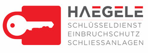 Logo mit rotem Schlüssel und Text HAEGELE, Schlüsseldienst, Einbruchschutz, Schliessanlagen.