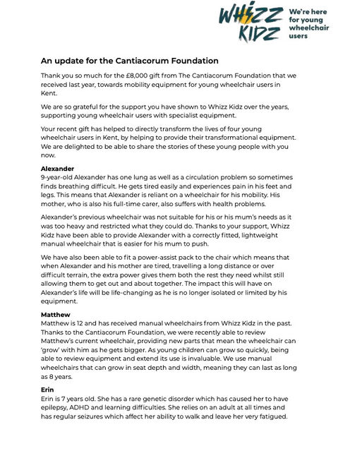 Great update from WHIZZ KIDZ. We're all so happy to help with the vital equipment needed!