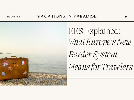 suitcase with travel stickers on it with the text,"EES Explained: What Europe's New Border System Means for Travelers" written right by it.
