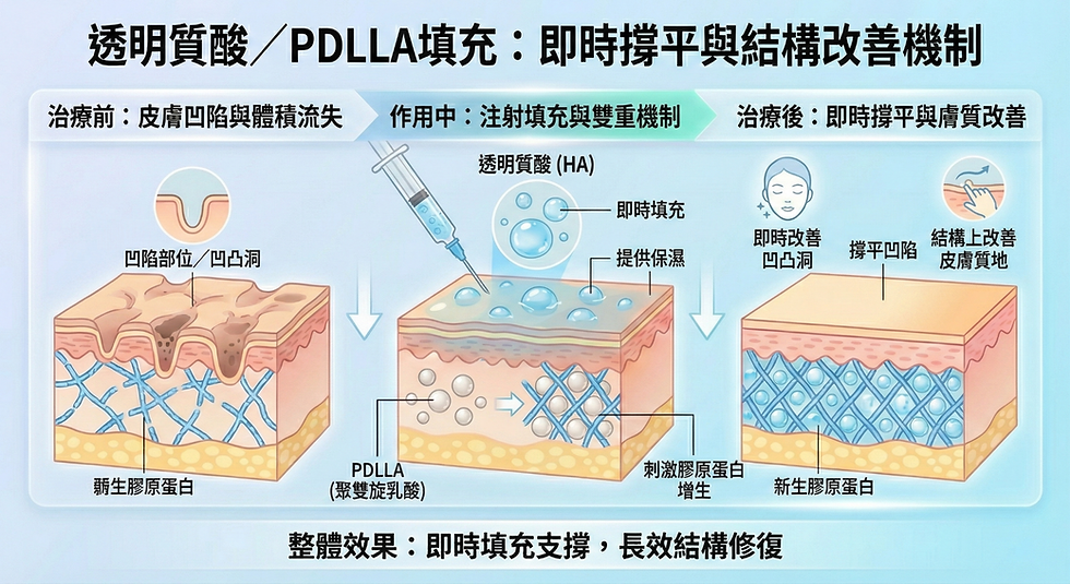 透明質酸與PDLLA填充治療原理資訊圖表，展示如何透過注射將凹陷部位撐起，並對比了透明質酸提供即時填充與保濕的效果，以及PDLLA刺激膠原蛋白增生從結構上改善皮膚質地的長期作用。