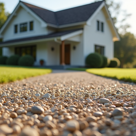 Gravel path leading to front of a white house with lawn to the left and right