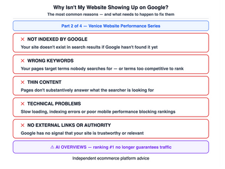 Graphic listing the reason why a website might not be showing up on Google by Venice Digital