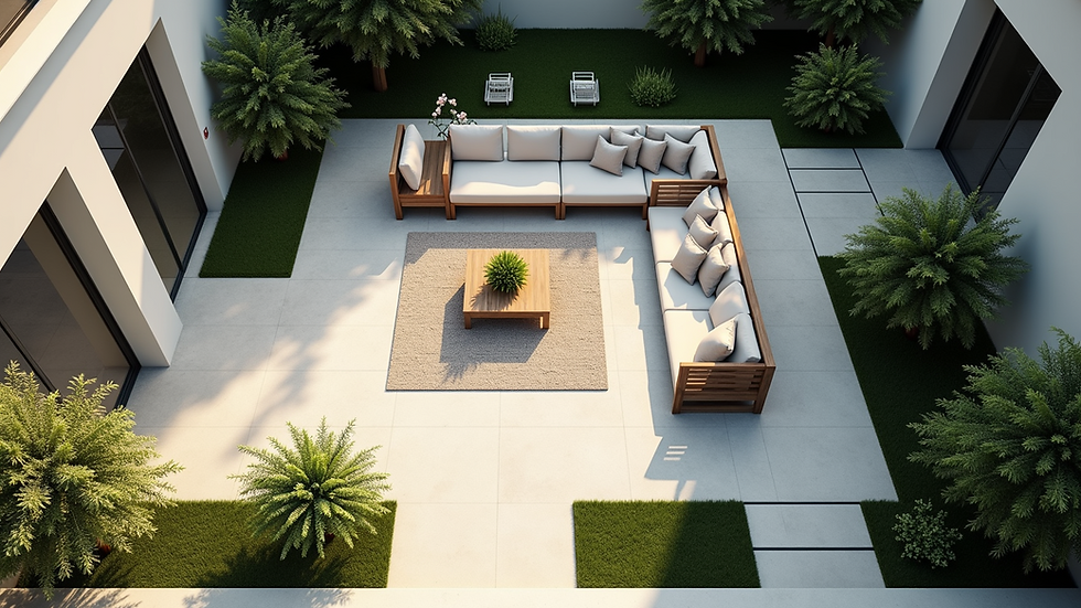 High angle view of a patio layout plan with furniture zones and pathways