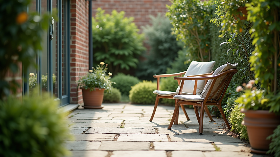 Eye-level view of a natural stone patio with garden furniture