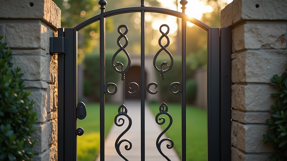 Close-up view of aluminum fence gate with decorative elements in a Houston backyard