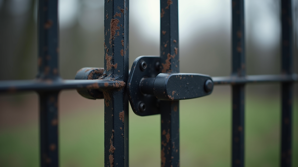 Close-up view of a metal fence gate with a secure latch