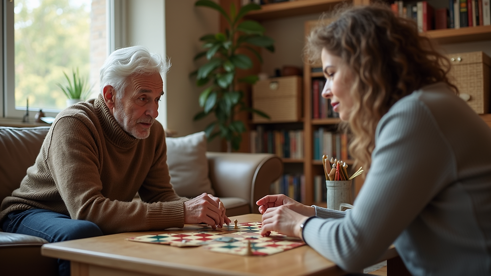 Eye-level view of a cozy living room with a senior and companion sharing a board game