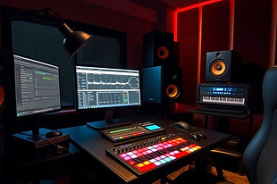 music studio with beat pad at night