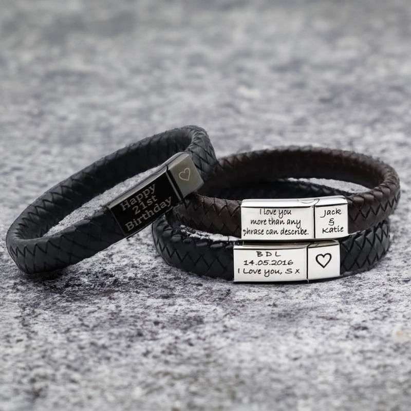 Thumbnail: Personalized Leather Bracelet with Customized Engraved Text