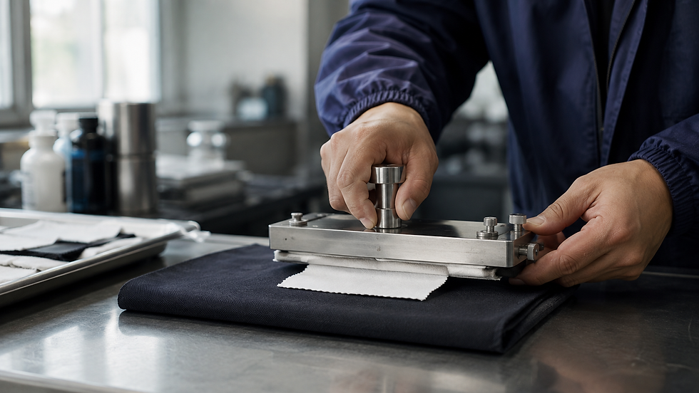 Technician performing a crockmeter colour fastness test on dark cotton fabric in a textile testing lab.
