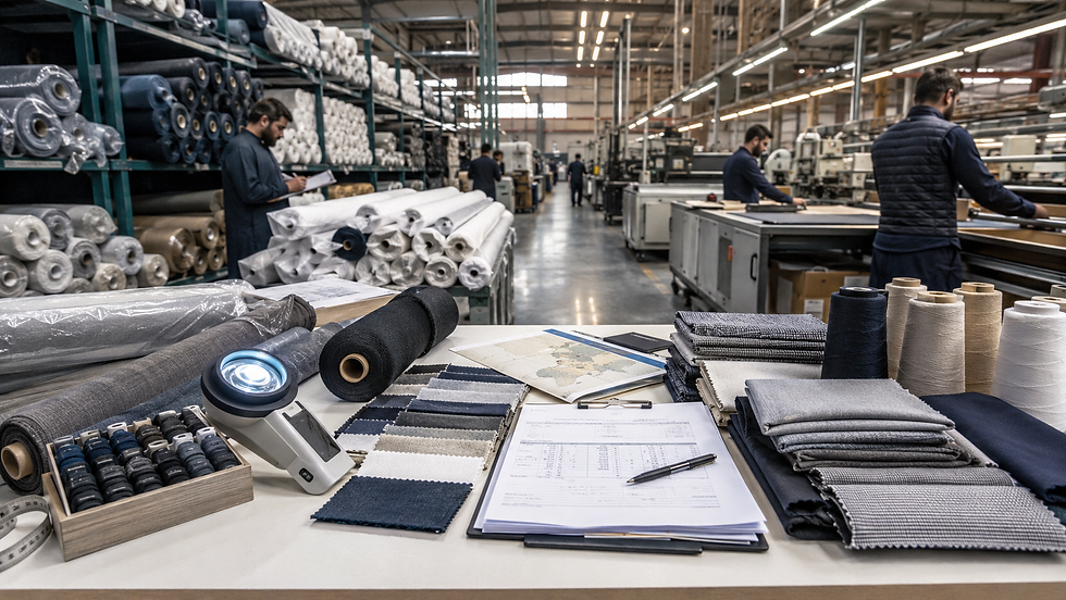 Textile factory floor with workers inspecting fabric rolls, swatches, and paperwork on a table amid machines and shelves.