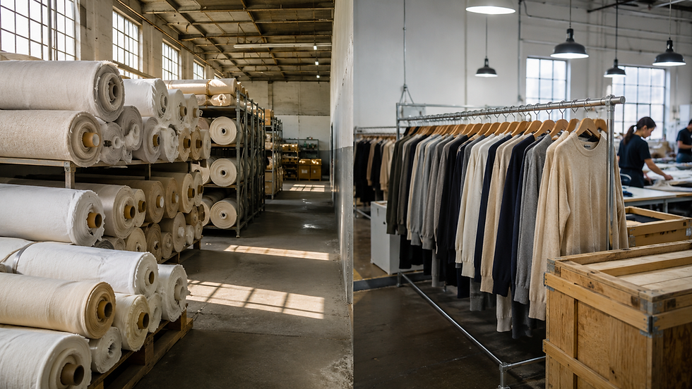 Rolled cotton fabric warehouse beside knitwear production room for Pakistan vs Turkey textile sourcing