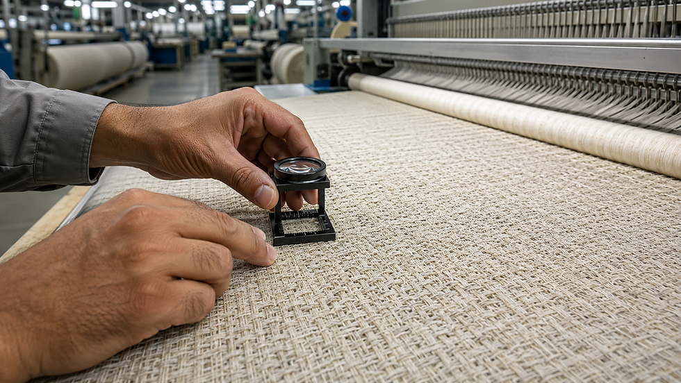 Inspector examines woven fabric density with a magnifier on a textile mill inspection table.