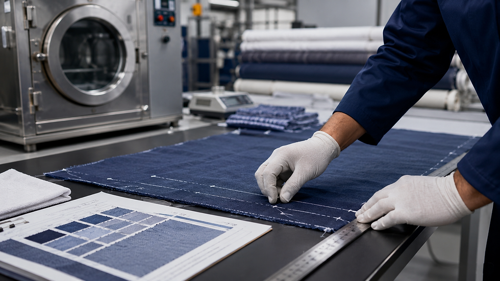 Technician measures marked fabric during textile shrinkage testing before bulk cutting.