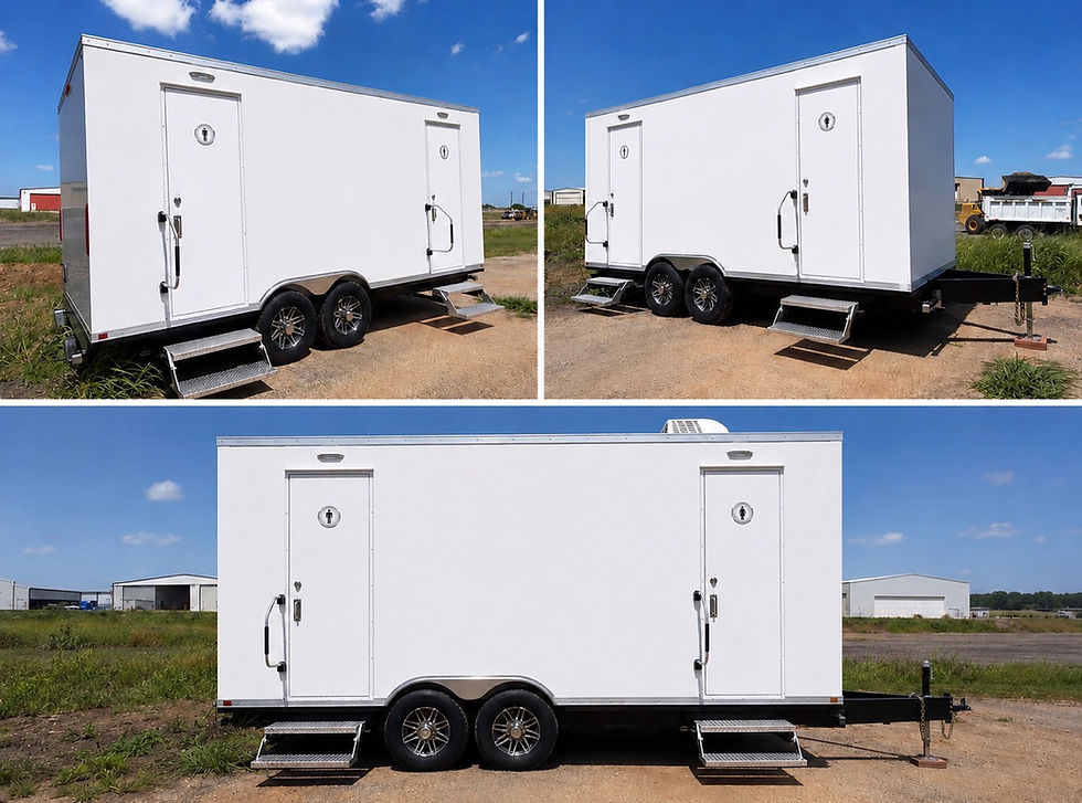 White restroom trailer rentals for outdoor events.
