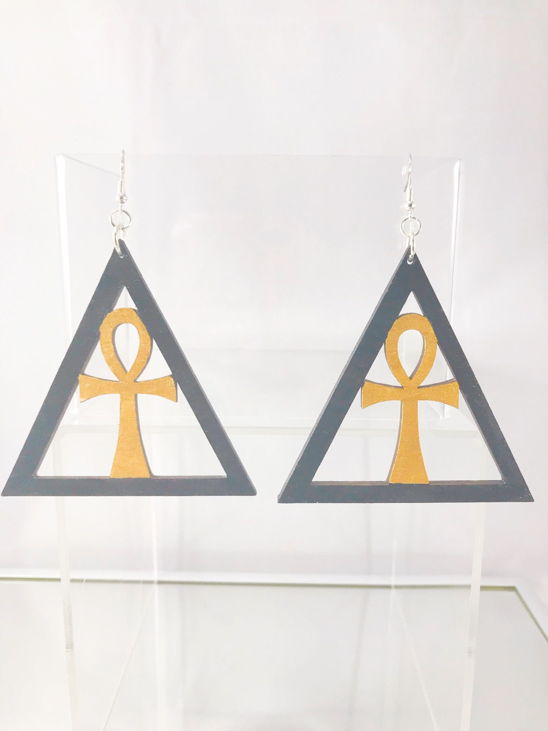 Hand Painted Ankh Wooden Earrings