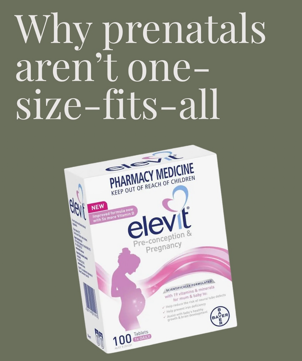 A box of Elevit Pre-conception and Pregnancy prenatal vitamins photographed on a muted olive green background, used to illustrate why prenatal vitamins in pregnancy are not one-size-fits-all.