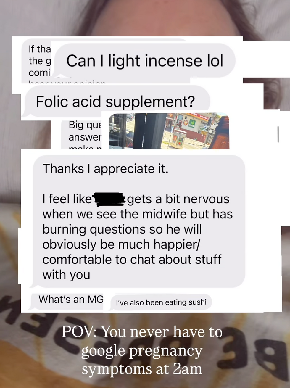 A collage of client text message screenshots showing pregnancy questions sent to a clinical herbalist, with the text "POV: you never have to google pregnancy symptoms at 2am," illustrating the direct message access included in Little Bloom Herbs pregnancy support packages.