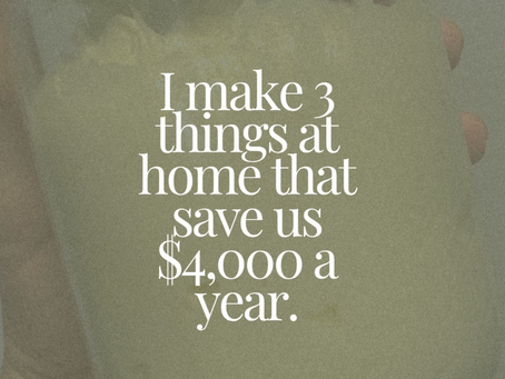 A close-up image of a pregnant belly through a frosted glass jar, with text reading "I make 3 things at home that save us $4,000 a year," representing a real food home cooking approach to slow, intentional family living.