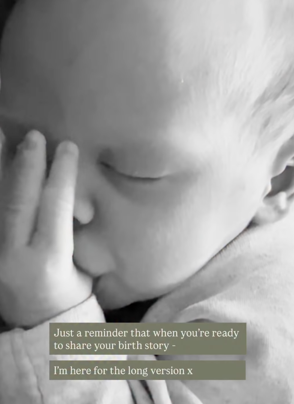 A black and white close-up photograph of a newborn baby resting against a parent's chest, tiny hand raised near their face, evoking the tenderness of early postpartum life and the weight of a birth story.