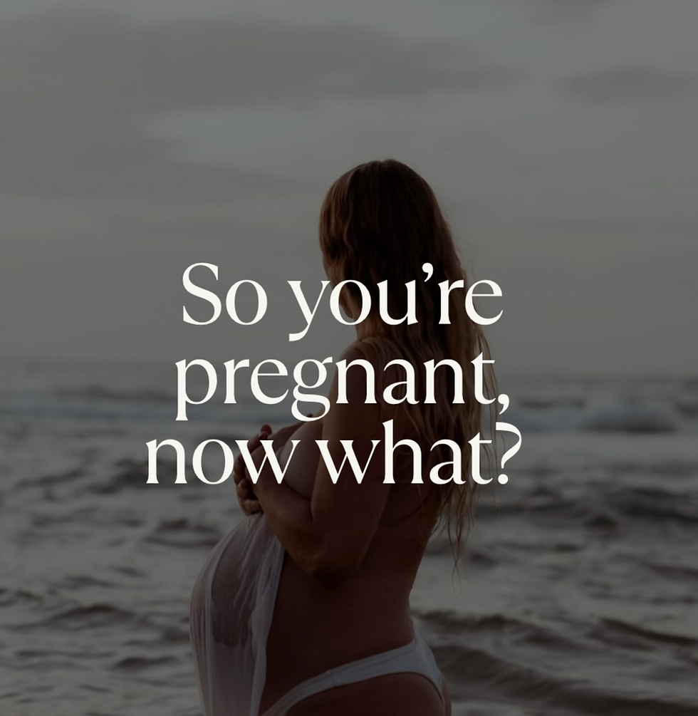 Woman at beach holding baby with text - so you're pregnant, now what? Guide to the first few weeks of pregnancy