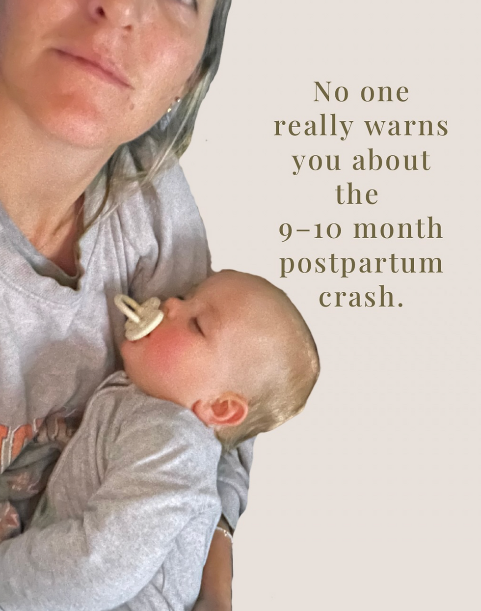 Photo of Caitlin from Little Bloom Herbs at 9 months postpartum, with text over image no one really warns you about the 9-10 month postpartum crash.