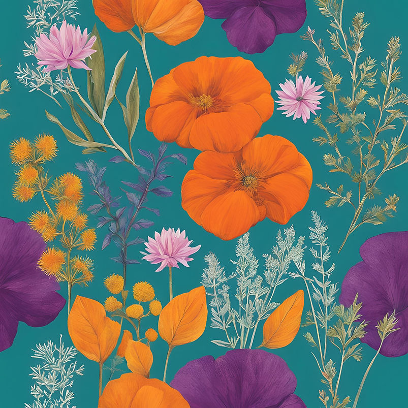 create a picture using herbs in teal blue, bright orange, pink, yellow, and eggplant purpl