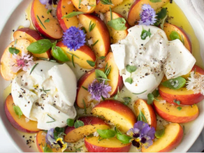 Peaches & Burrata with Rosemary EVOO and Peach White Balsamic Vinegar
