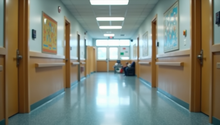 Eye-level view of a school hallway with classroom doors and bulletin boards