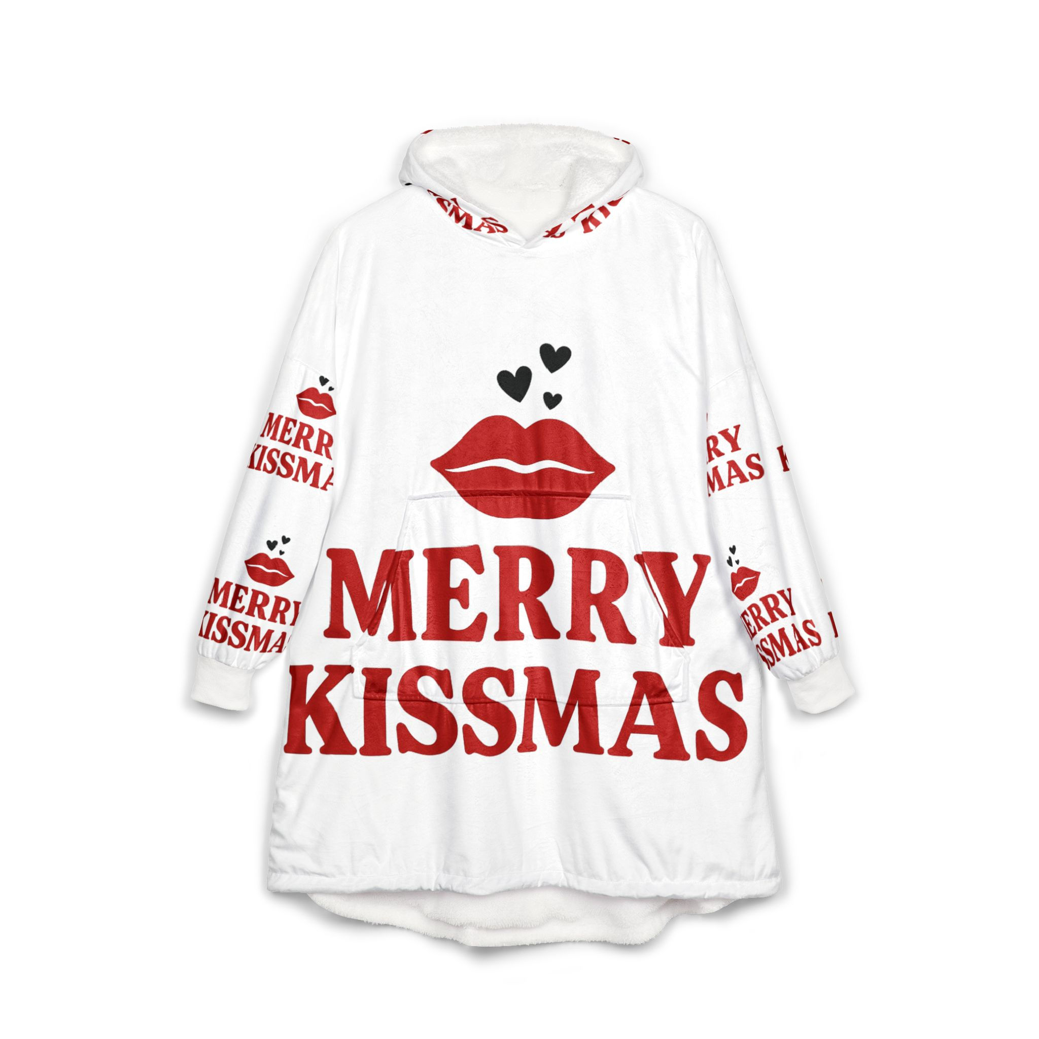 Merry Kissmas Hooded Blanket — Cozy Christmas Lip Print Throw for Holiday Nights