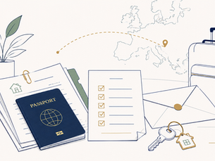Travel documents and suitcase on white background: passport, checklist, envelope, keys, plant, and Europe map for moving or travel