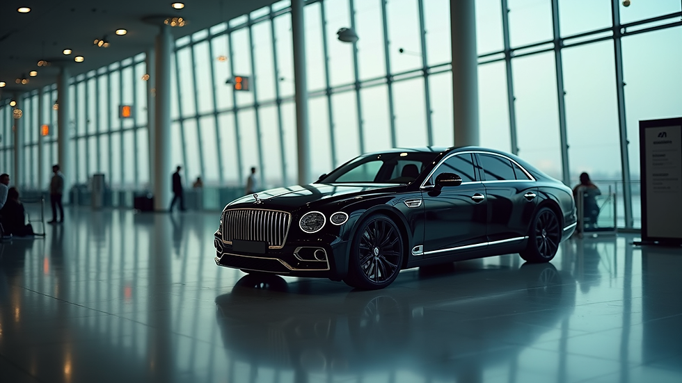 Eye-level view of luxury black car parked at airport terminal