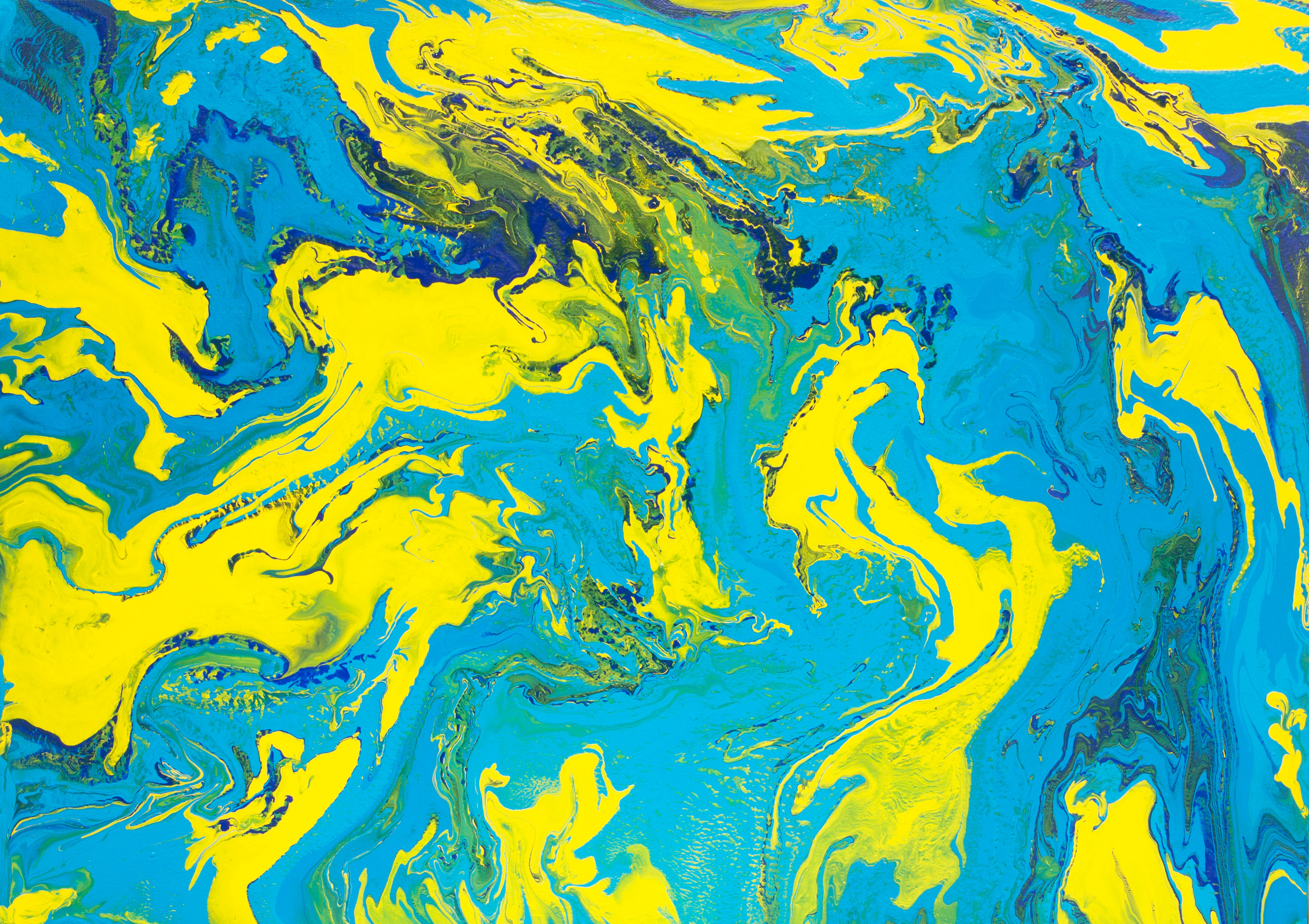Abstract acrylic fluid art painting light blue and yellow by Irina Afonskaya