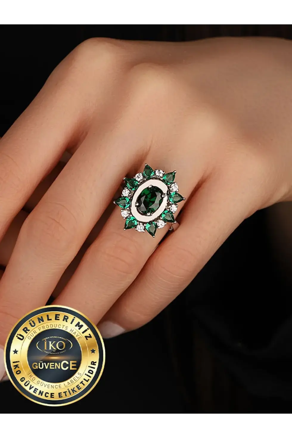 Thumbnail: Zircon Stone Gold Plated Oval Drop Emerald Silver Ring