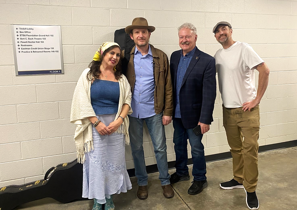(L-R) Jamie Danielle Collins, Thomm Jutz, Tim Stafford, and Dave Eggar pose after performing at ETSU. (Photo provided by Jutz)