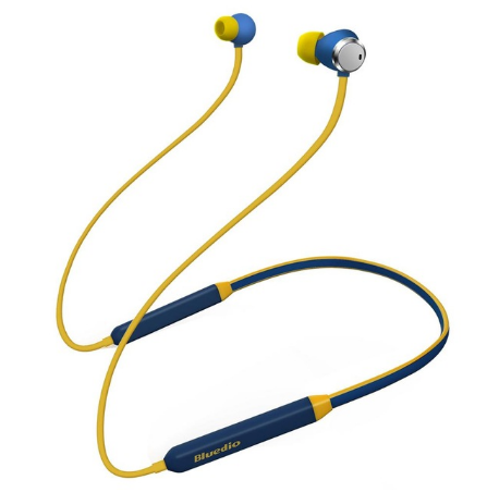 Yellow and blue wireless neckband earbuds