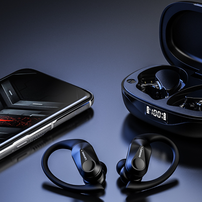 Thumbnail: Black wireless earbuds with ear hooks, open charging case, and smartphone