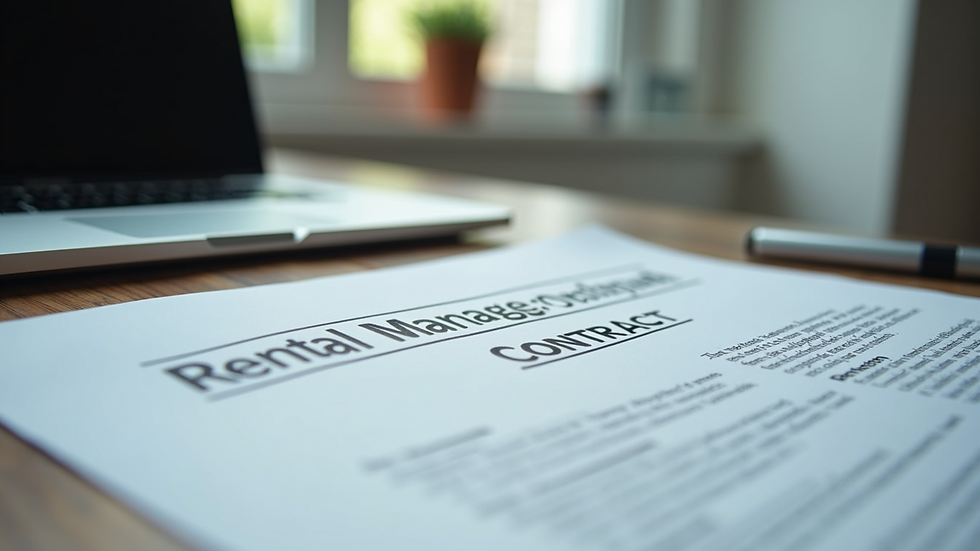 Close-up view of a rental management contract and a laptop on a desk