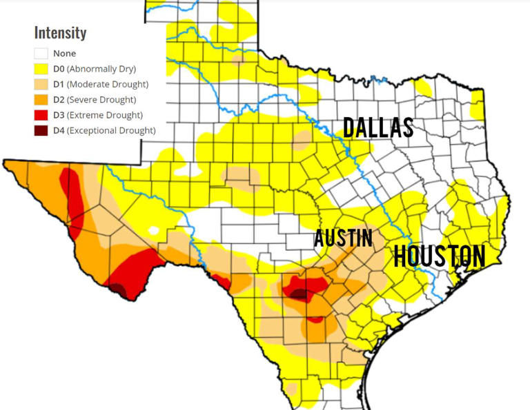 Map of Texas showing drought areas.