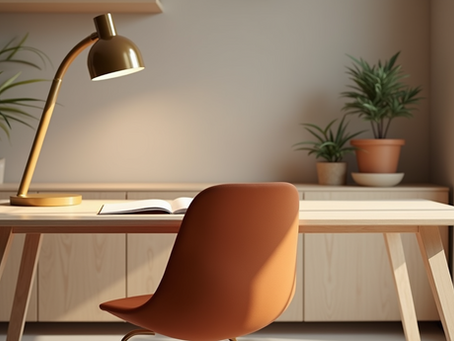 Sala neutra, com mesa em madeira, armario baixo ao fundo. Luz da janela entrando pela cortina