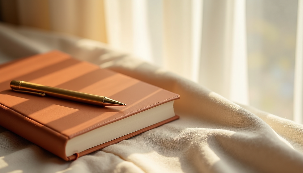 Imagem que traz paz, livro de capa neutra sobre uma superfície clara com uma cortina branca ao fundo. Luz do sol entrando pela cortina. Caneta sob o livro.