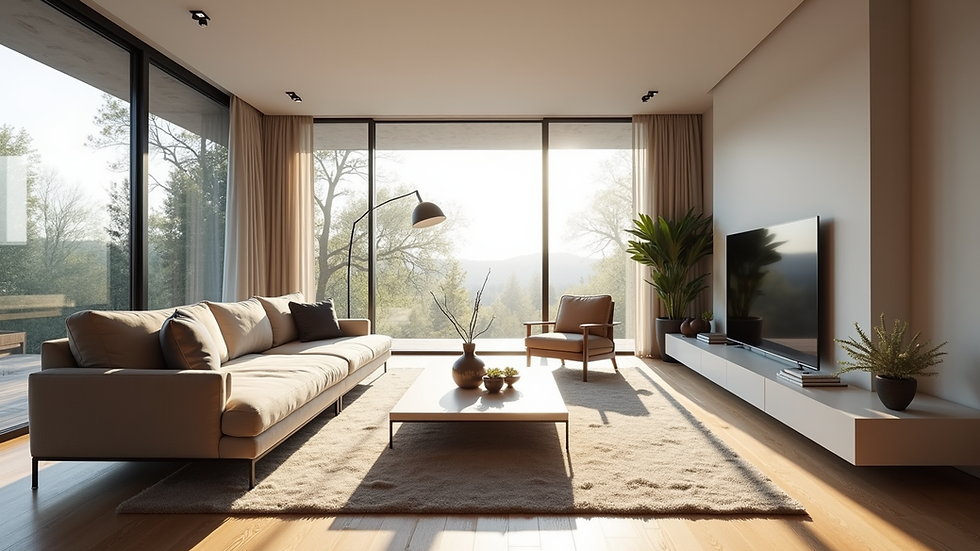 Eye-level view of a spacious living room with modern decor and large windows