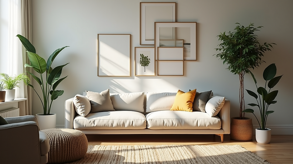 Eye-level view of a cozy living room with a gallery wall and plants