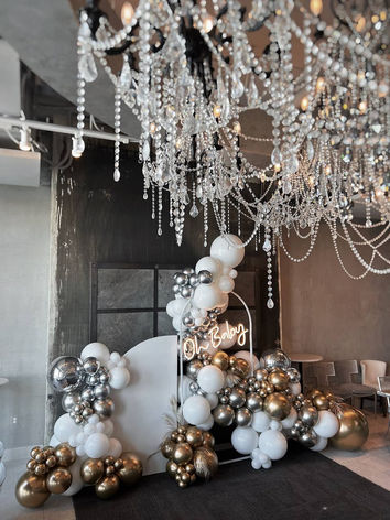 Baby Shower Balloon Display, white silver gold balloons, 
Oh Baby neon sign