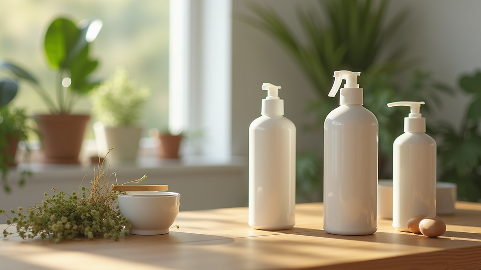 Close-up view of a variety of eco-friendly household products on a wooden table
