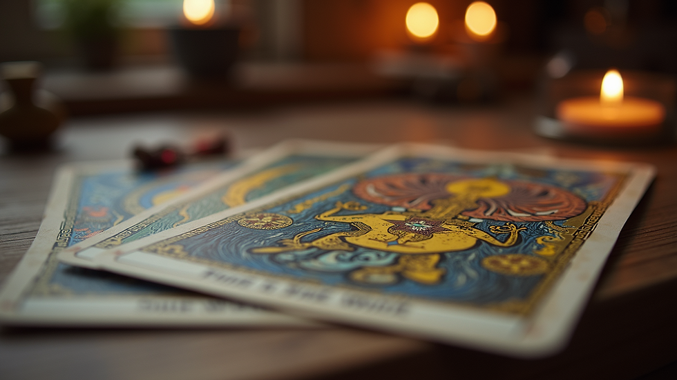 Close-up view of a tarot card spread on a wooden table