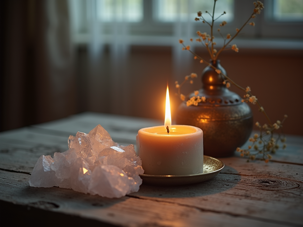 vintage candle burning next to ethereal crystals wood table.png